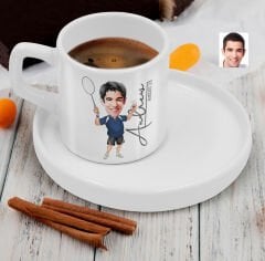BK Gift Kişiye Özel Sunum Tabaklı Erkek Badminton Karikatürlü Kahve Fincanı-1, Sevgiliye Hediye, Aileye Hediye, Arkadaşa Hediye