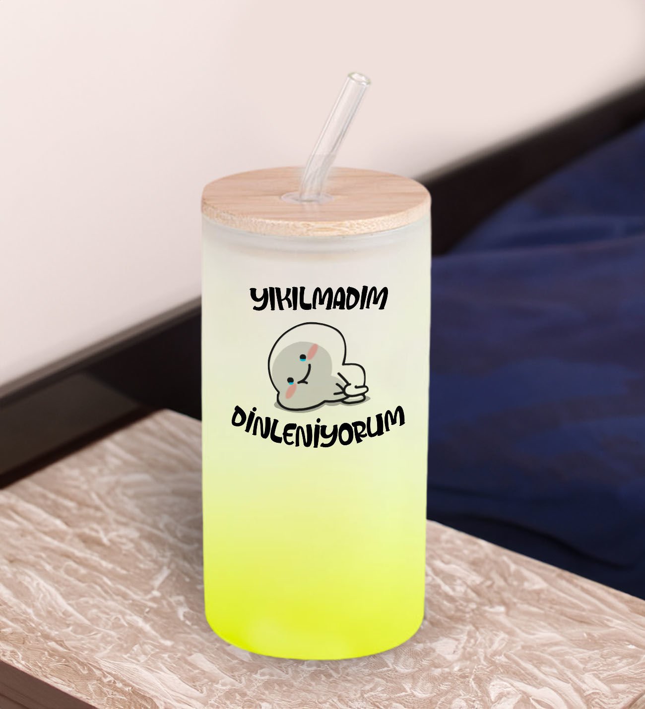 BK Gift Esprili Tasarım Sarı Renk Pipetli Buzlu Cam Bardak 600ml - 12, Arkadaşa Hediye, Doğum Günü Hediyesi