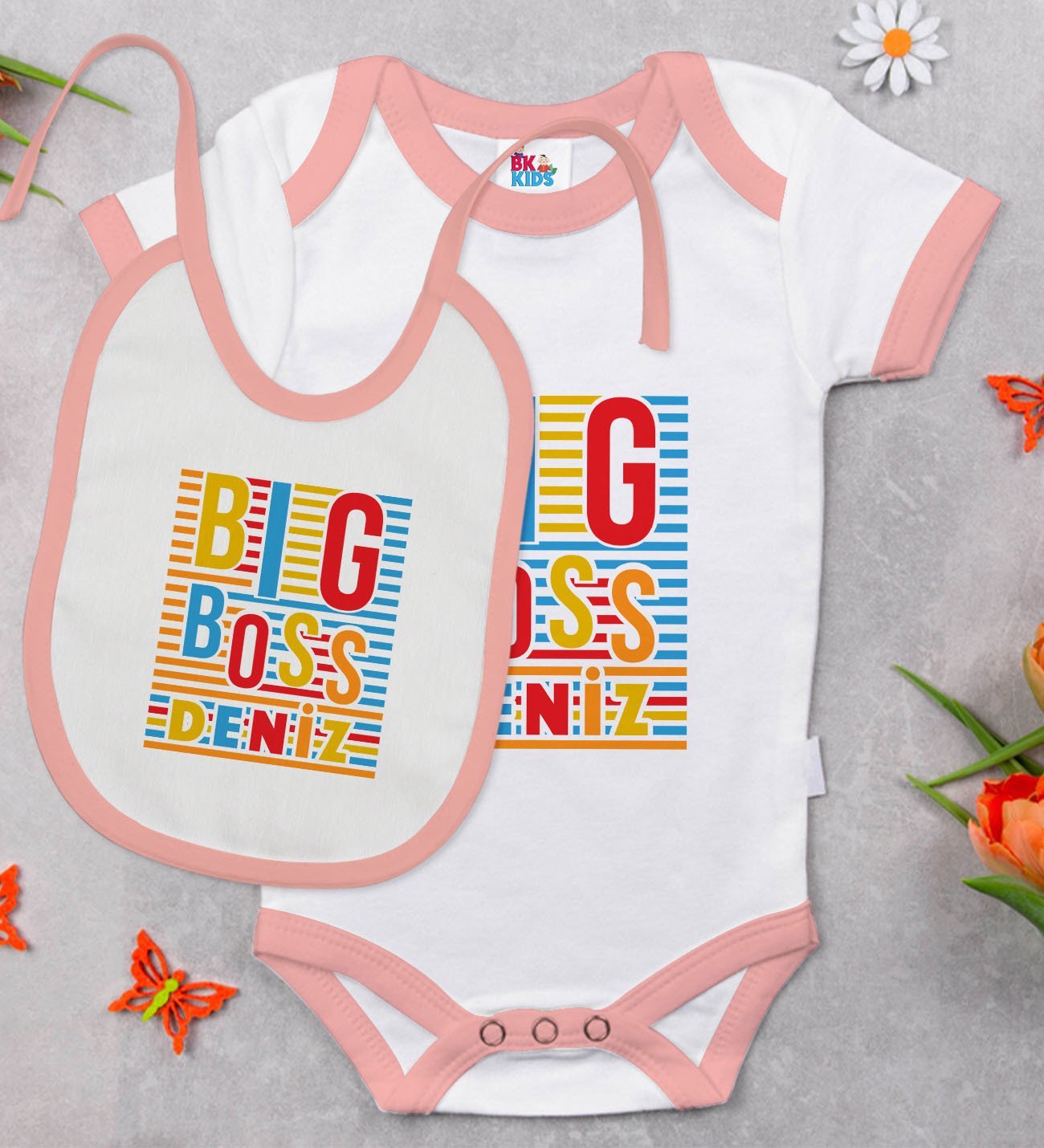 BK Kids Kişiye Özel Big Boss Tasarımlı Pembe Bebek Body Zıbın ve Mama Önlüğü Hediye Seti