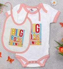 BK Kids Kişiye Özel Big Boss Tasarımlı Pembe Bebek Body Zıbın ve Mama Önlüğü Hediye Seti