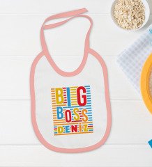 BK Kids Kişiye Özel Big Boss Tasarımlı Pembe Bebek Body Zıbın ve Mama Önlüğü Hediye Seti