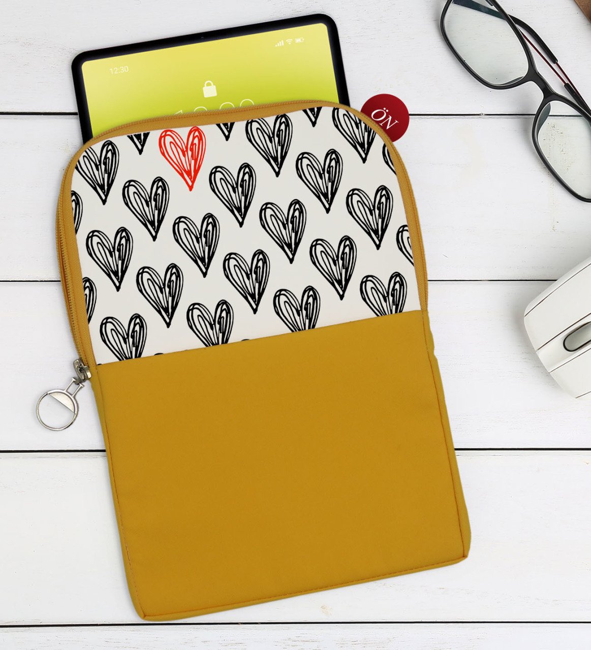 BK Gift Kalpler Tasarımlı Taşınabilir Koruyucu Tablet Kılıfı & Organizer Çanta - Sarı-1