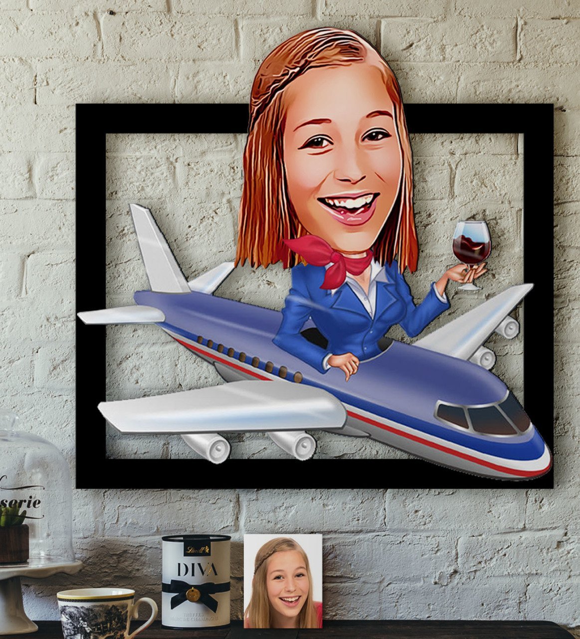Kişiye Özel Hostes Karikatürlü 3D Ahşap Tablo-1