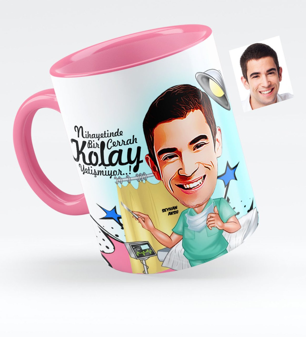 Kişiye Özel Bay Cerrah Karikatürlü Pembe Kupa Bardak - 1