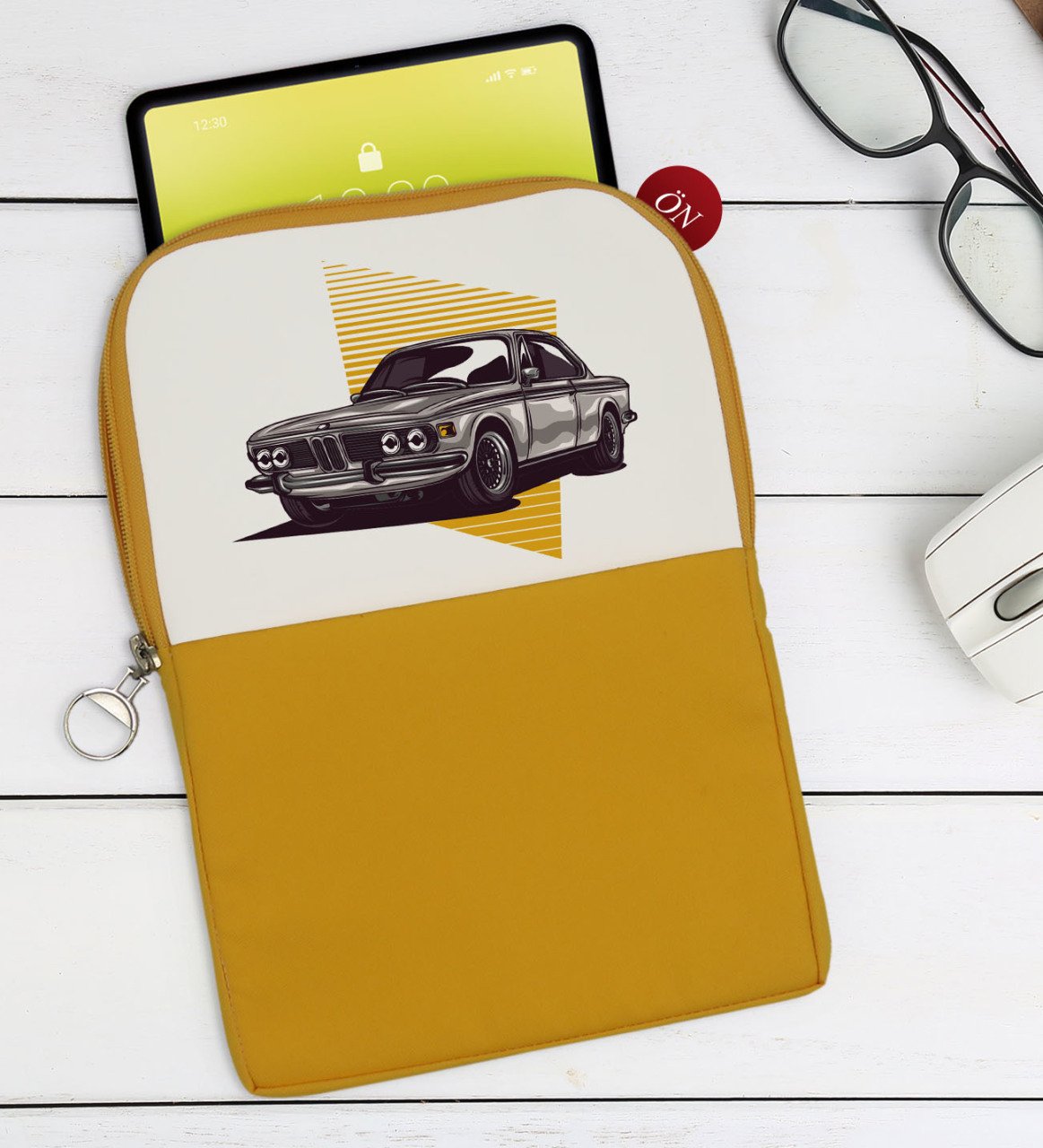 BK Gift Klasik Araç Tasarımlı Taşınabilir Koruyucu Tablet Kılıfı & Organizer Çanta - Sarı-1