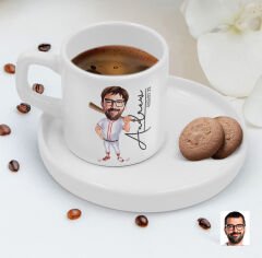 BK Gift Kişiye Özel Sunum Tabaklı Erkek Beyzbol Karikatürlü Kahve Fincanı-16, Sevgiliye Hediye, Aileye Hediye, Arkadaşa Hediye