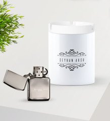 Kişiye Özel İsimli Silver Benzinli Metal Çakmak ve Seramik Kül Tablası Seti-9