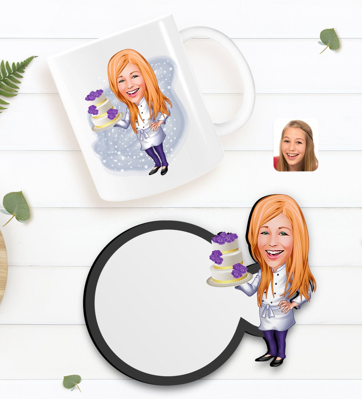 Kişiye Özel Kadın Chef Karikatürlü Beyaz Kupa ve Ahşap Bardak Altlığı Hediye Seti-2