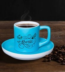 BK Gift Kişiye Özel Kaligrafi Tasarımlı Mat Turkuaz Renk Türk Kahvesi Fincanı-1, Renkli Türk Kahvesi Fincanı