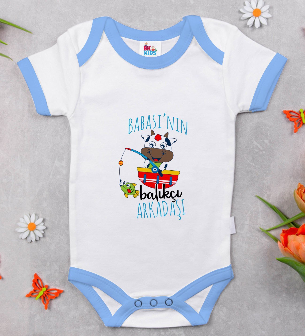 BK Kids Babasının Balıkçı Arkadaşı Tasarımlı Mavi Bebek Body Zıbın-1