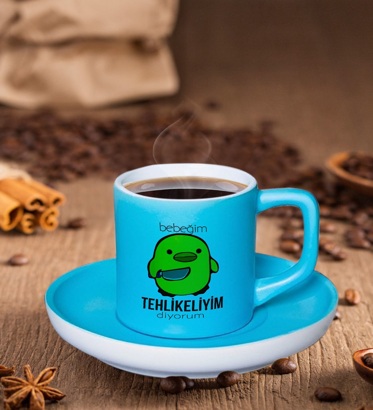 BK Gift Bebeğim Tehlikeliyim Tasarımlı Mat Turkuaz Renk Türk Kahvesi Fincanı-1, Renkli Türk Kahvesi Fincanı