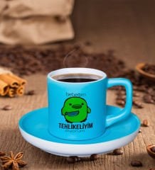 BK Gift Bebeğim Tehlikeliyim Tasarımlı Mat Turkuaz Renk Türk Kahvesi Fincanı-1, Renkli Türk Kahvesi Fincanı