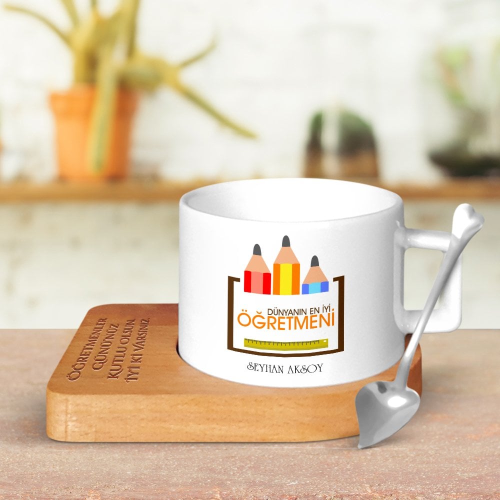 Kişiye Özel Dünyanın En İyi Öğretmeni Ahşap Altlıklı Seramik Fincan - 9