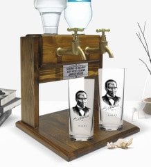Kişiye Özel Renkli Baskılı Atatürk Tasarımlı İkili Rakı Bardağı ve Çift Musluklu Doğal Ahşap Rakı Standı-14