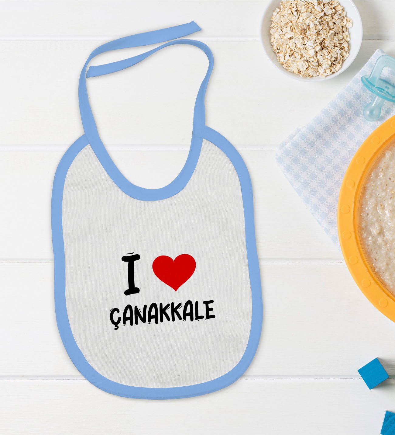 BK Kids I Love Çanakkale Tasarımlı Mavi Bebek Mama Önlüğü - Model 1