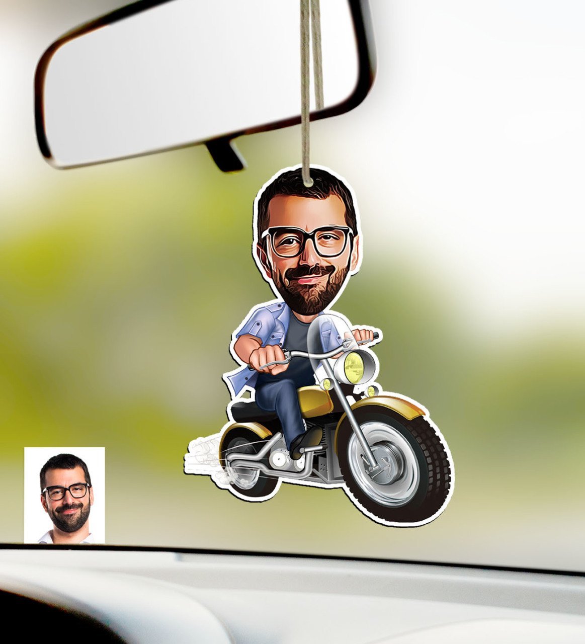 Kişiye Özel Bay Motorcu Karikatürlü Ahşap Araba Dikiz Ayna Süsü