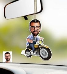 Kişiye Özel Bay Motorcu Karikatürlü Ahşap Araba Dikiz Ayna Süsü