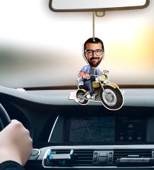 Kişiye Özel Bay Motorcu Karikatürlü Ahşap Araba Dikiz Ayna Süsü