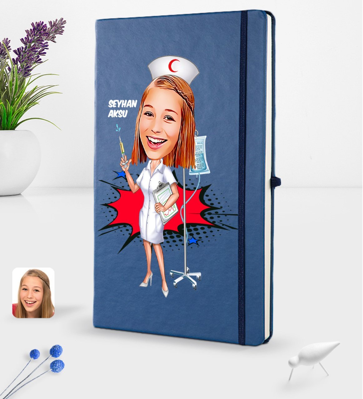 Kişiye Özel Hemşire Karikatürlü Lacivert Termo Deri Defter 16x24cm Model 2