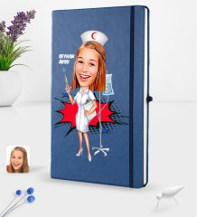 Kişiye Özel Hemşire Karikatürlü Lacivert Termo Deri Defter 16x24cm Model 2