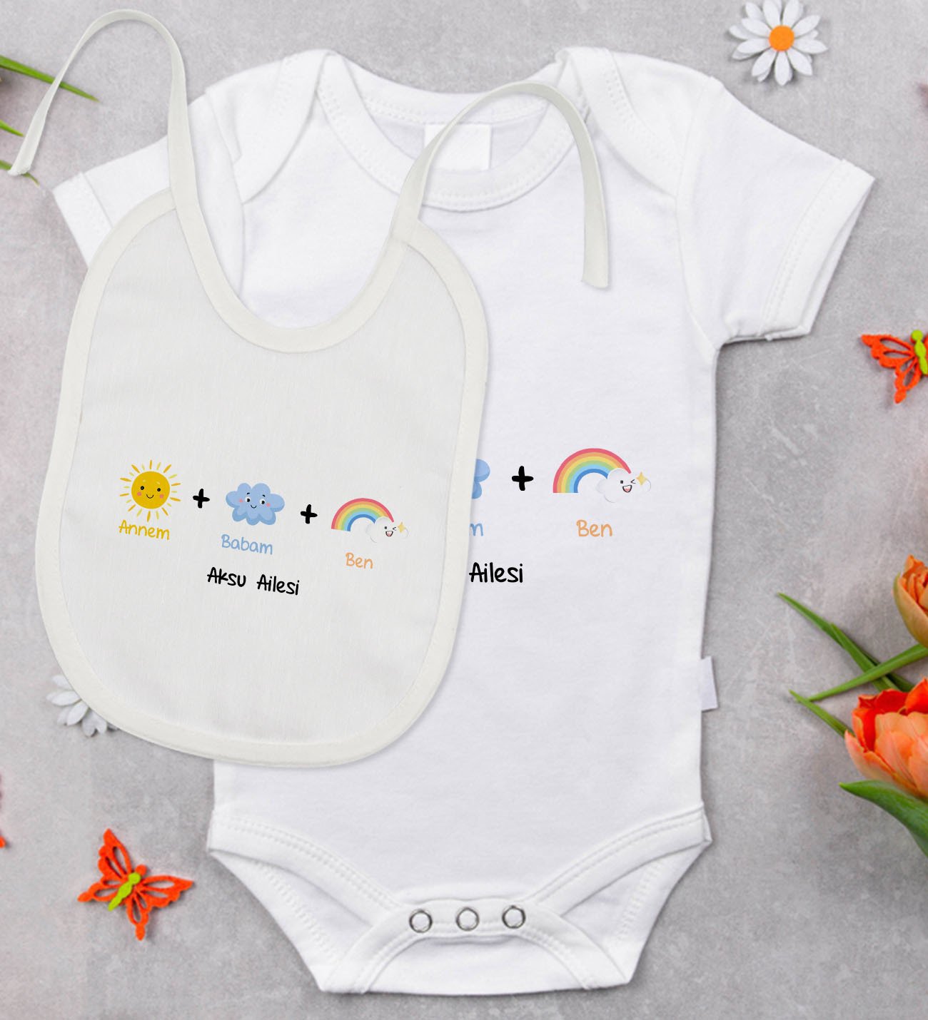 BK Kids Kişiye Özel Annem Babam Ben Tasarımlı Bebek Body Zıbın ve Mama Önlüğü Hediye Seti - Model 1