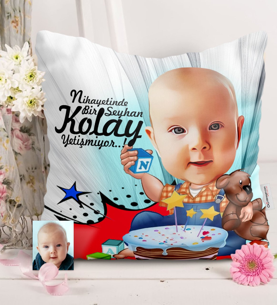 Kişiye Özel Bebek Doğum Günü Karikatürlü Saten Yastık - 1