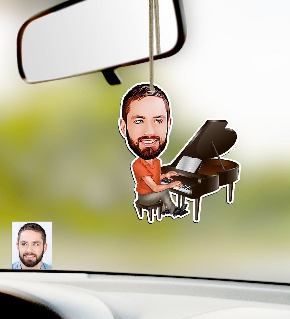 Kişiye Özel Bay Piyanist Karikatürlü Ahşap Araba Dikiz Ayna Süsü