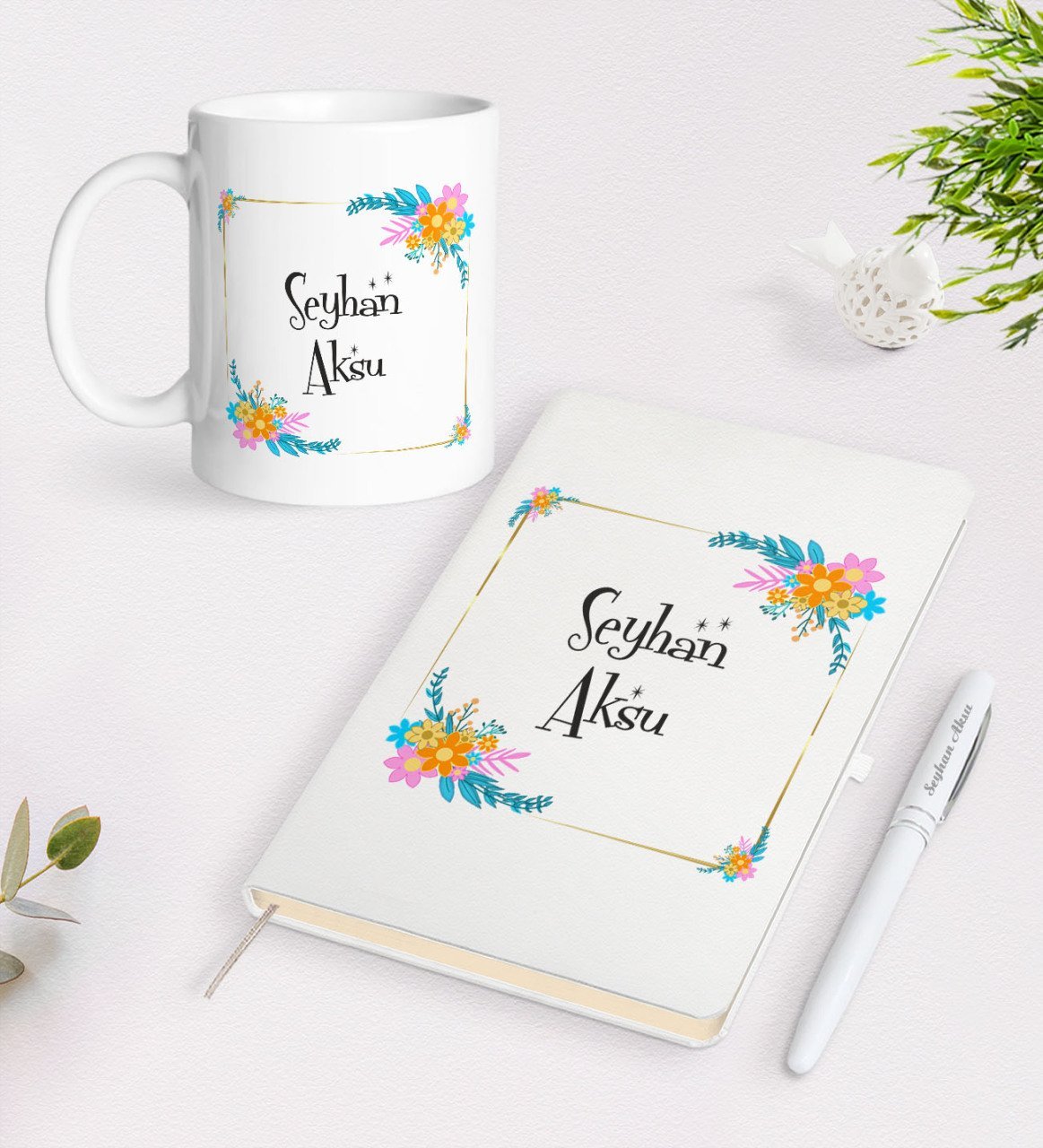 Kişiye Özel İsimli Beyaz Defter Kalem Kupa Seti-13