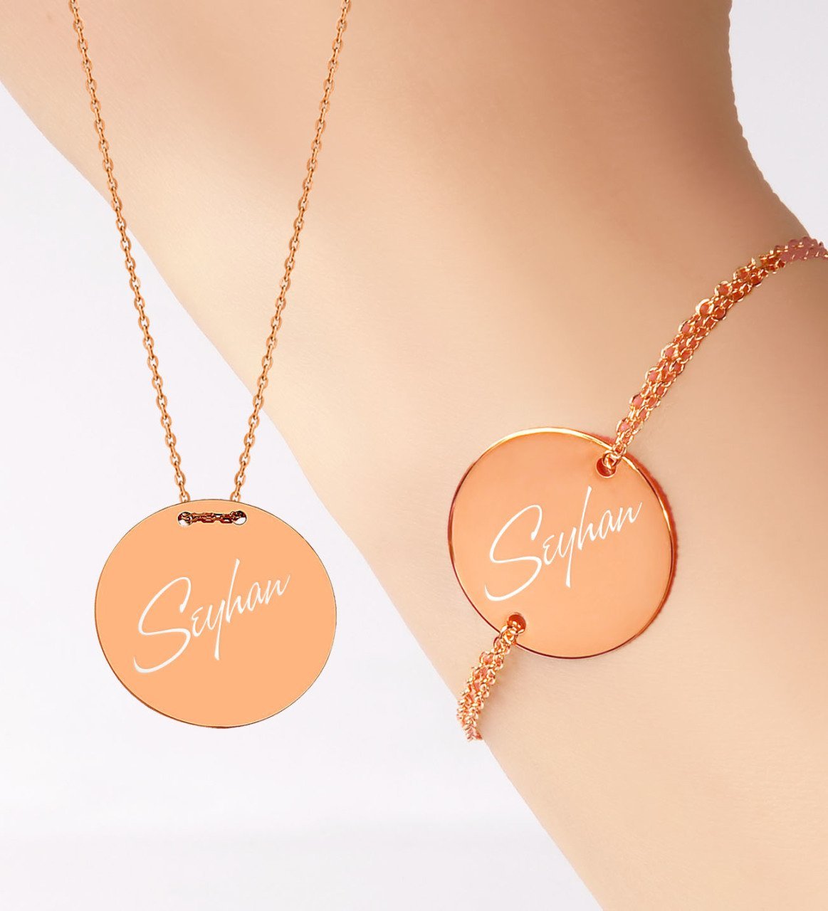 Kişiye Özel İsimli Yuvarlak Rose Kolye ve Bileklik Set