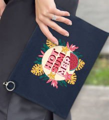 BK Gİft Yaz Temalı-8 Astarlı Lacivert Portföy Çanta 30x21cm, Baskılı El Çantası, Organizer Çanta