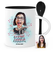 Kişiye Özel Canım Annem Karikatür Siyah Kaşıklı Kupa Bardak