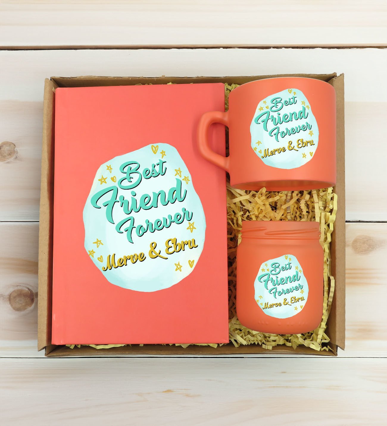BK Gift Kişiye Özel İsimli DTF Best Friend Temalı Somon Defter & Kahve Fincanı & Mum Hediye Seti-2, Arkadaşa Hediye, Doğum Günü Hediyesi