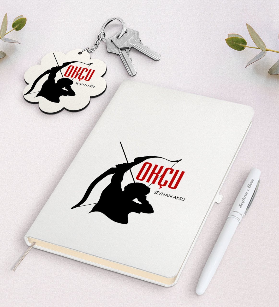 Kişiye Özel Okçu Beyaz Defter Kalem Ve Anahtarlık Hediye Seti