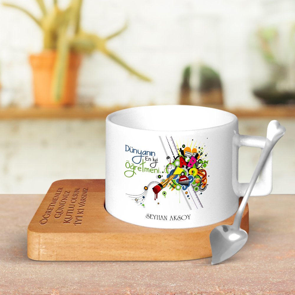 Kişiye Özel Dünyanın En İyi Öğretmeni Ahşap Altlıklı Seramik Fincan - 13
