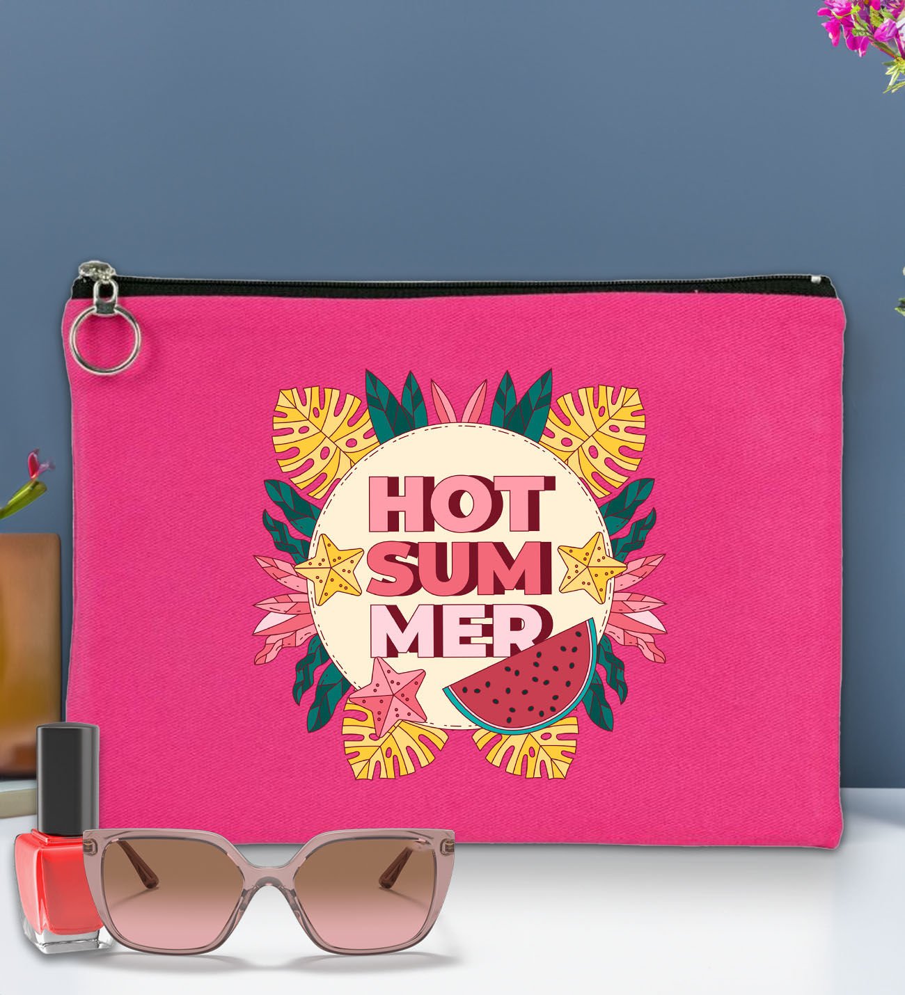 BK Gİft Yaz Temalı-8 Astarlı Fuşya Portföy Çanta 30x21cm, Baskılı El Çantası, Organizer Çanta