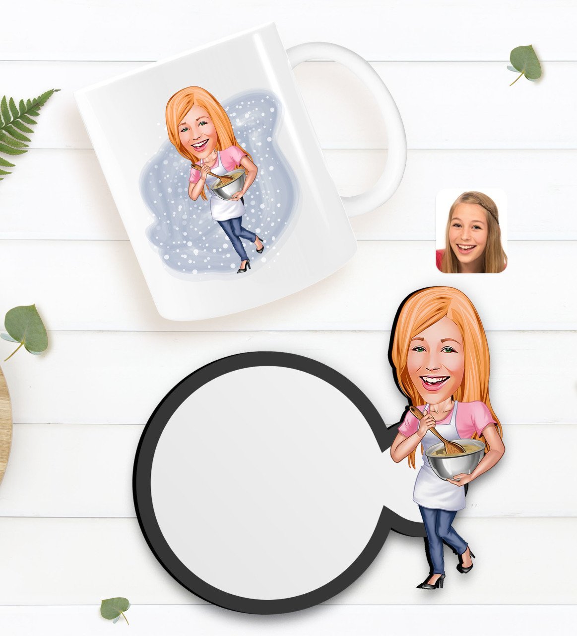 Kişiye Özel Kadın Chef Karikatürlü Beyaz Kupa ve Ahşap Bardak Altlığı Hediye Seti