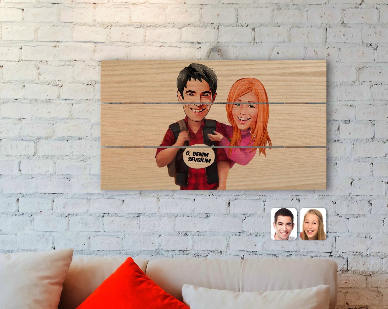 Kişiye Özel Sevgililer Karikatürlü Otantik Ahşap Palet Tablo-91