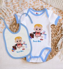 BK Kids Kişiye Özel Little Boss Tasarımlı Mavi Bebek Body Zıbın ve Mama Önlüğü Hediye Seti-1
