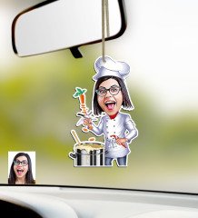 Kişiye Özel Bayan Chef Karikatürlü Ahşap Araba Dikiz Ayna Süsü