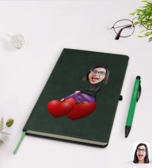 Kişiye Özel Kadın Karikatürlü Yeşil Termo Deri Defter Kalem Seti Model 2