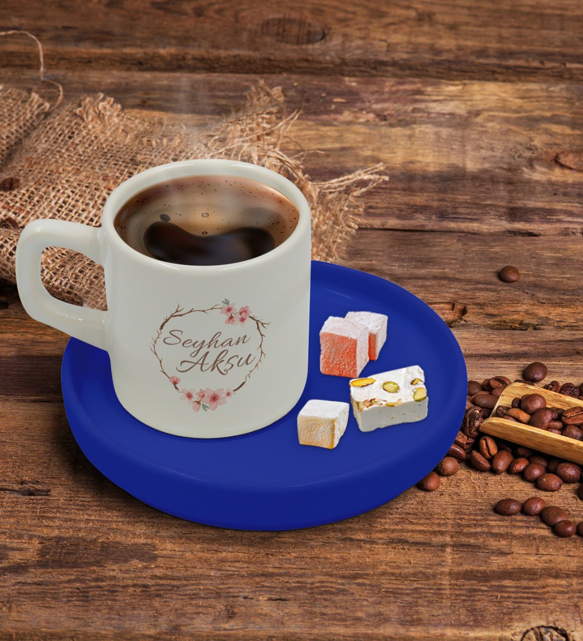 Kişiye Özel Mavi Sunum Tabaklı Çiçek Tasarımlı Türk Kahvesi Fincanı Model 5