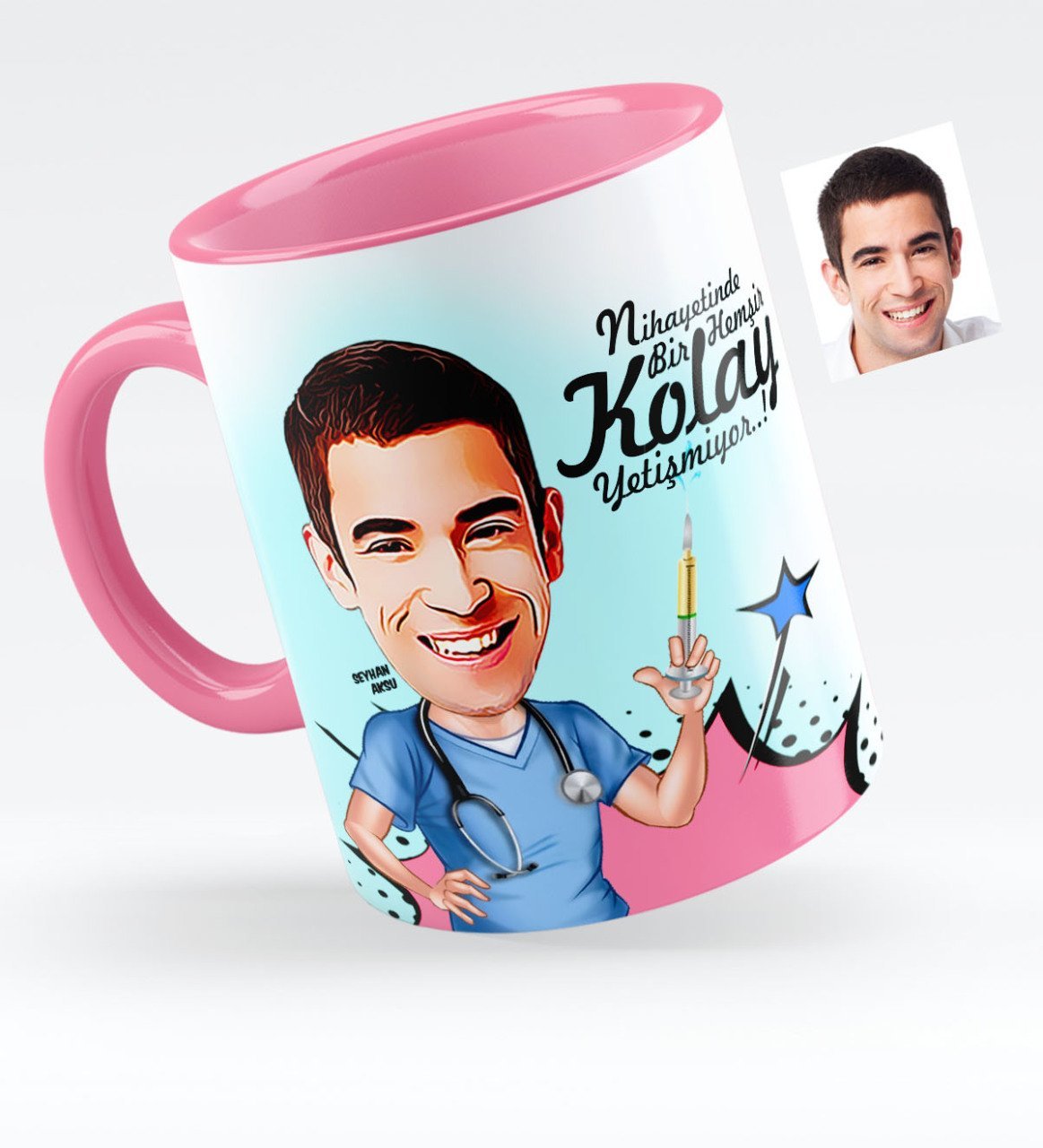 Kişiye Özel Bay Hemşir Karikatürlü Pembe Kupa Bardak - 1