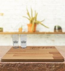 Kişiye Özel 2’li Rakı Bardağı ve Doğal Masif Ahşap Servis Sunum Tepsisi Model 33