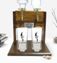 Kişiye Özel Renkli Baskılı Atatürk Tasarımlı İkili Rakı Bardağı ve Çift Musluklu Doğal Ahşap Rakı Standı-22