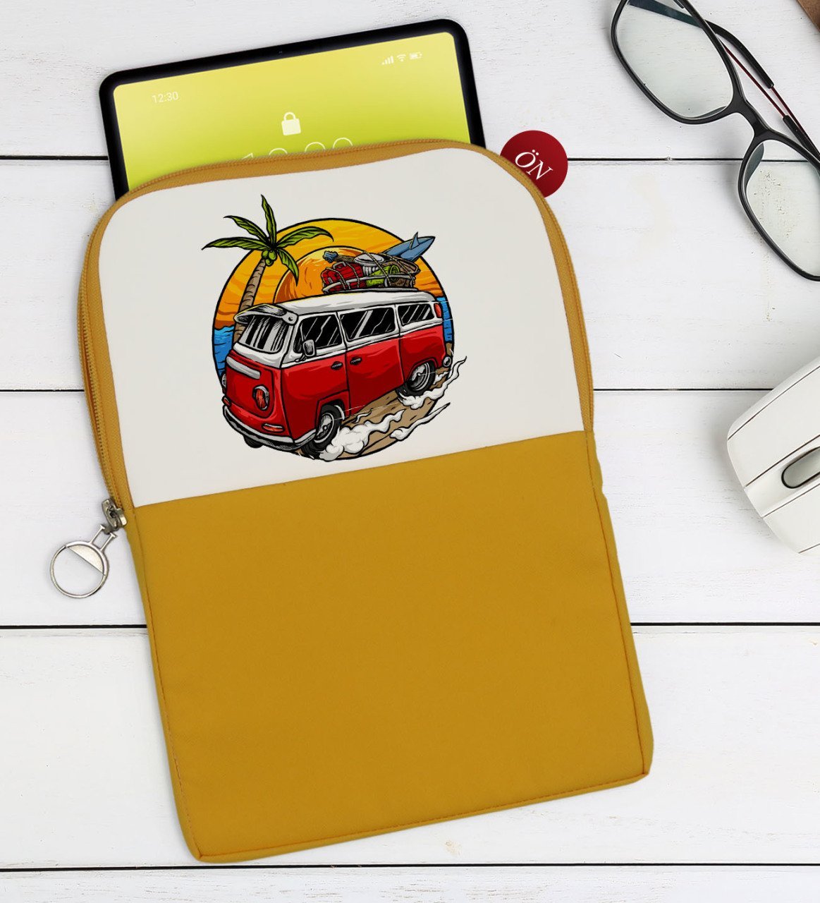 BK Gift Klasik Araç Tasarımlı Taşınabilir Koruyucu Tablet Kılıfı & Organizer Çanta - Sarı-10