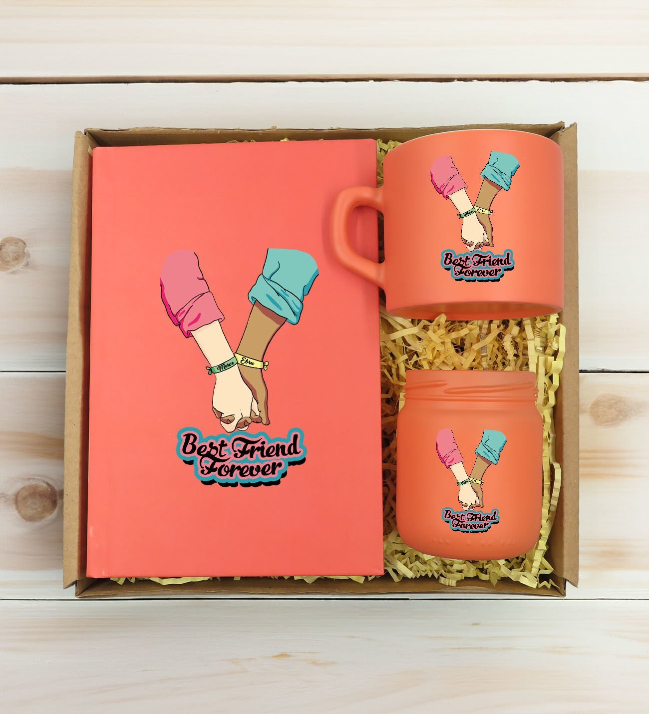 BK Gift Kişiye Özel İsimli DTF Best Friend Temalı Somon Defter & Kahve Fincanı & Mum Hediye Seti-5, Arkadaşa Hediye, Doğum Günü Hediyesi