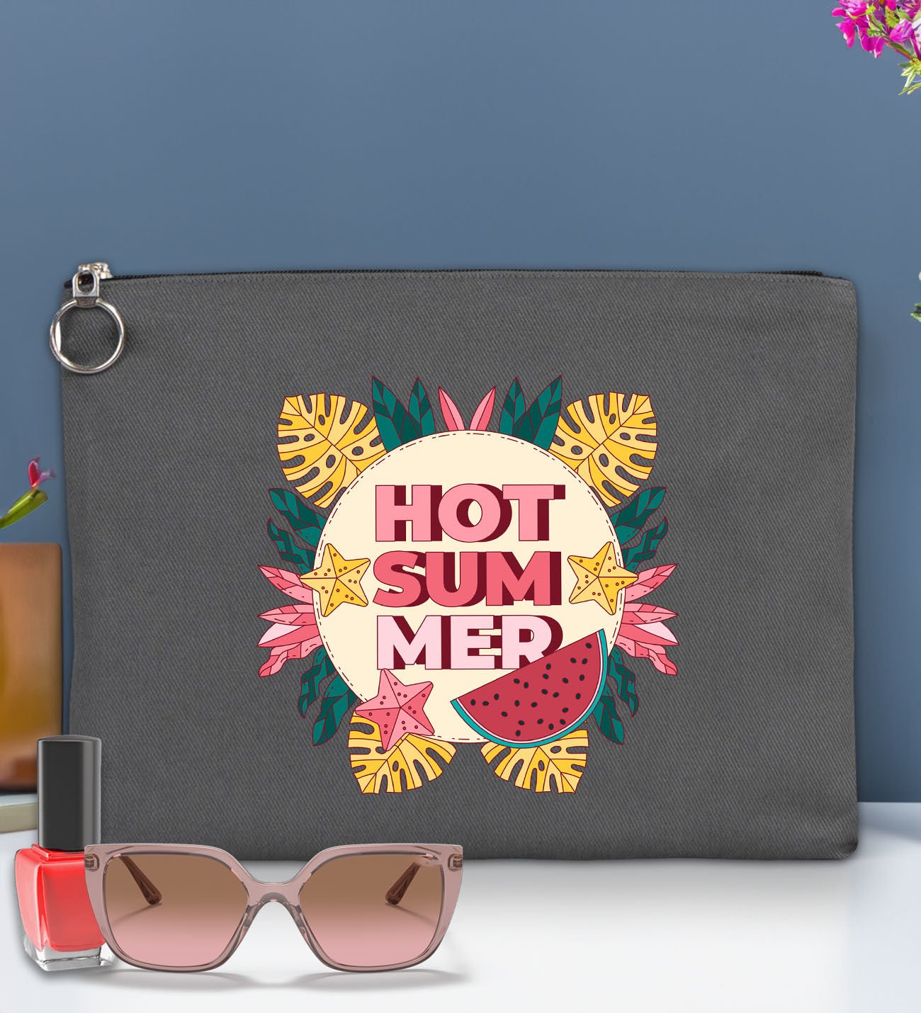 BK Gİft Yaz Temalı-8 Astarlı Antrasit Portföy Çanta 30x21cm, Baskılı El Çantası, Organizer Çanta