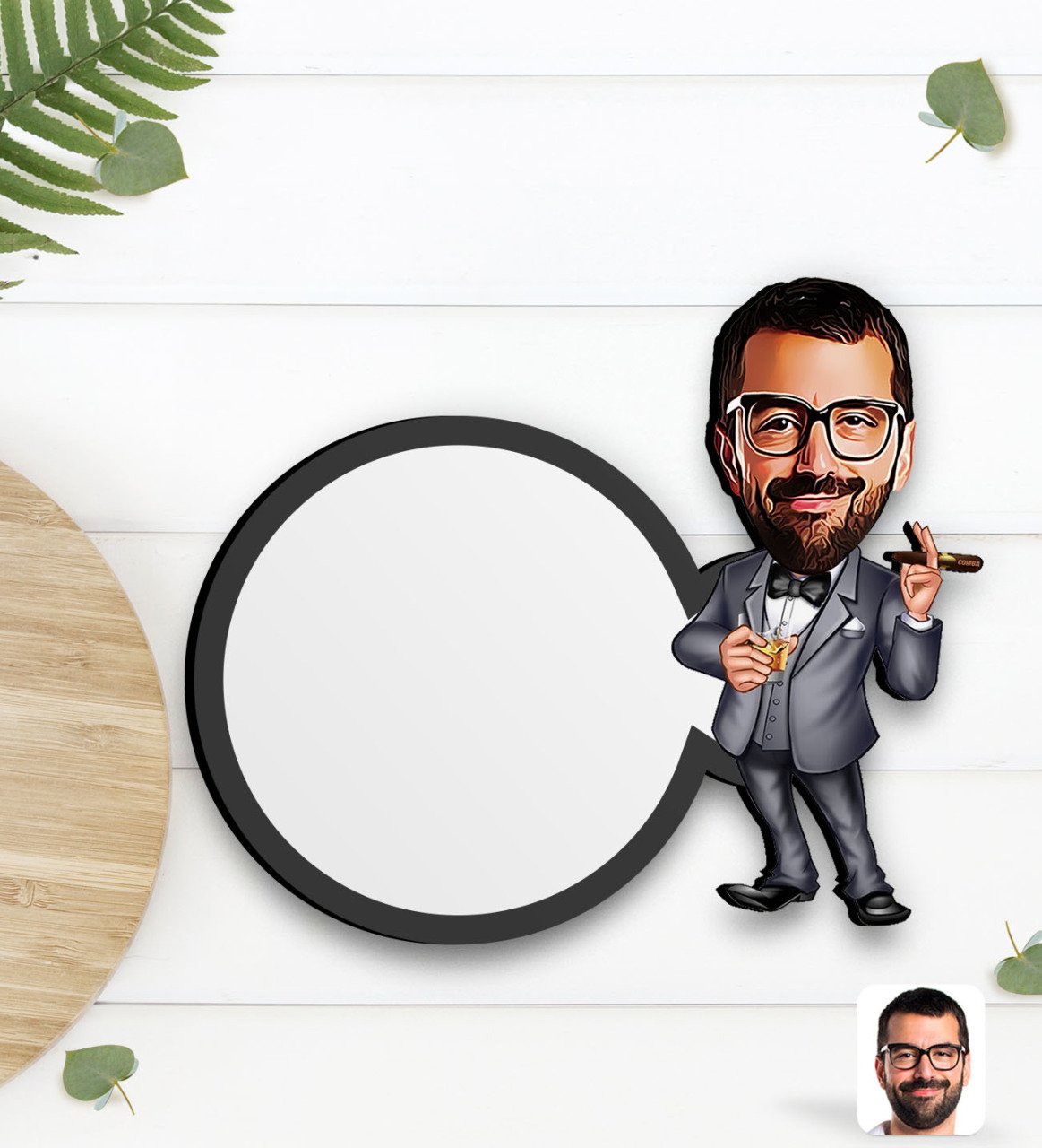 Kişiye Özel Erkek Patron Karikatürlü Ahşap Bardak Altlığı-3