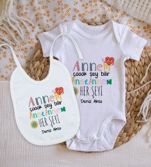 BK Kids Kişiye Özel Annem Çok Şeyi Bilir Tasarımlı Bebek Body Zıbın ve Mama Önlüğü Hediye Seti - Model 1