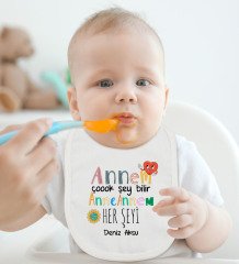 BK Kids Kişiye Özel Annem Çok Şeyi Bilir Tasarımlı Bebek Body Zıbın ve Mama Önlüğü Hediye Seti - Model 1